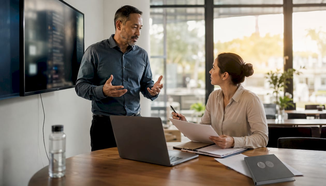Two colleagues discussing client management software