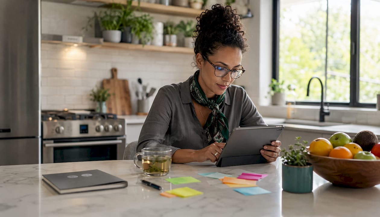Small service business owner using tablet at desk