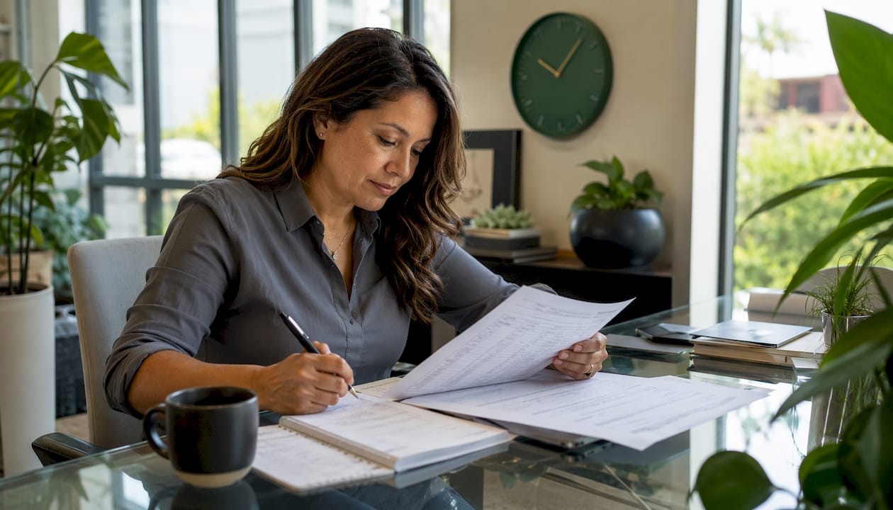 Woman reviewing estimating documents at office desk