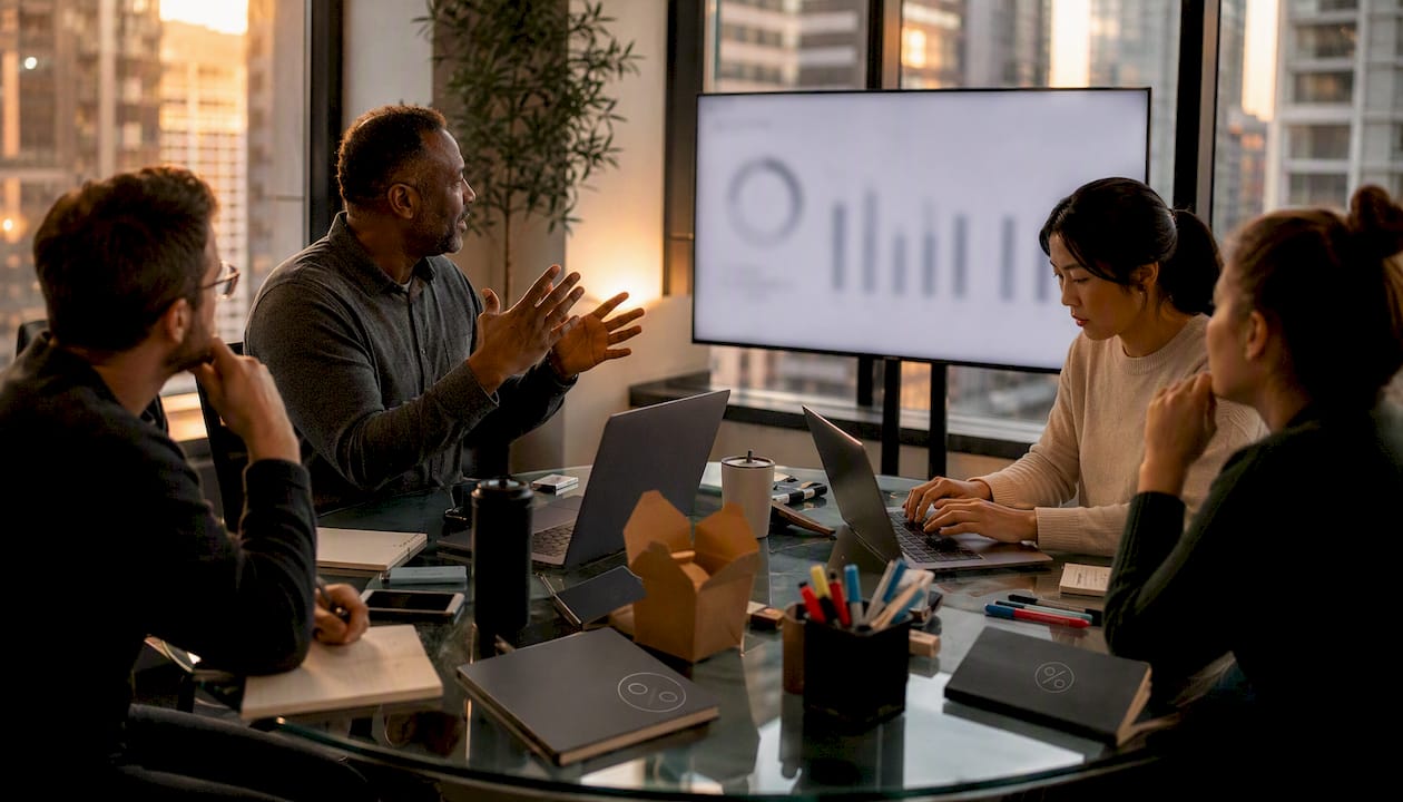 Sales team collaborating around conference table