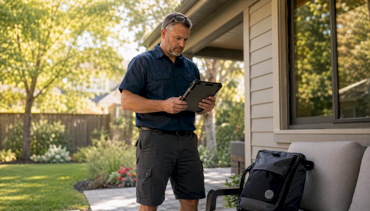 HVAC technician using dispatch tablet outdoors