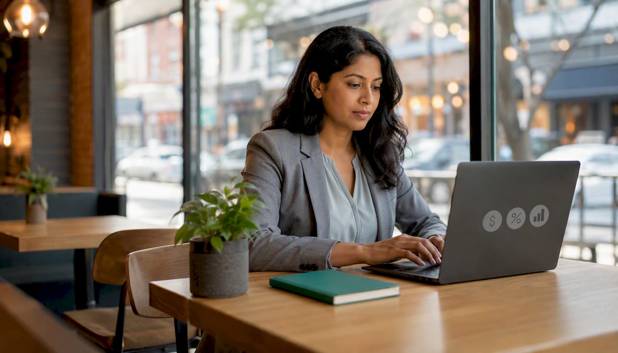 Woman logging into employee portal on laptop