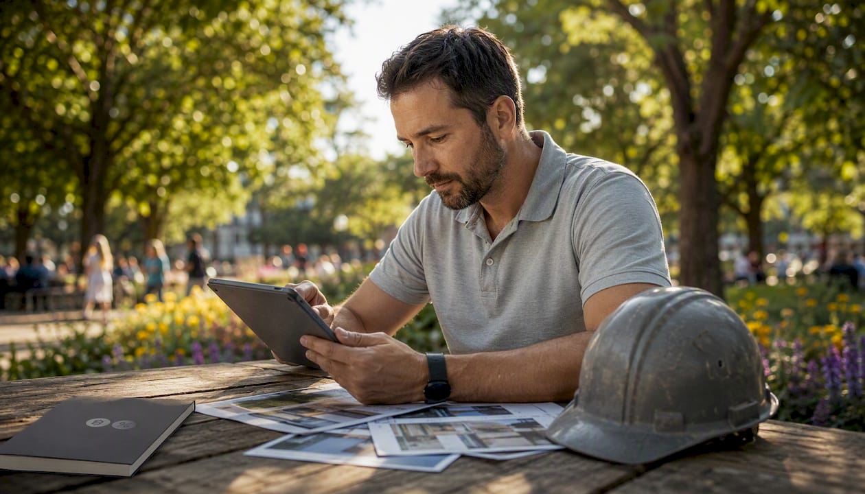 Project manager reviewing invoices outdoors