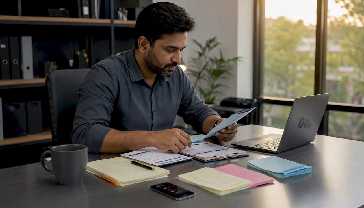 Field service manager organizing work orders in office