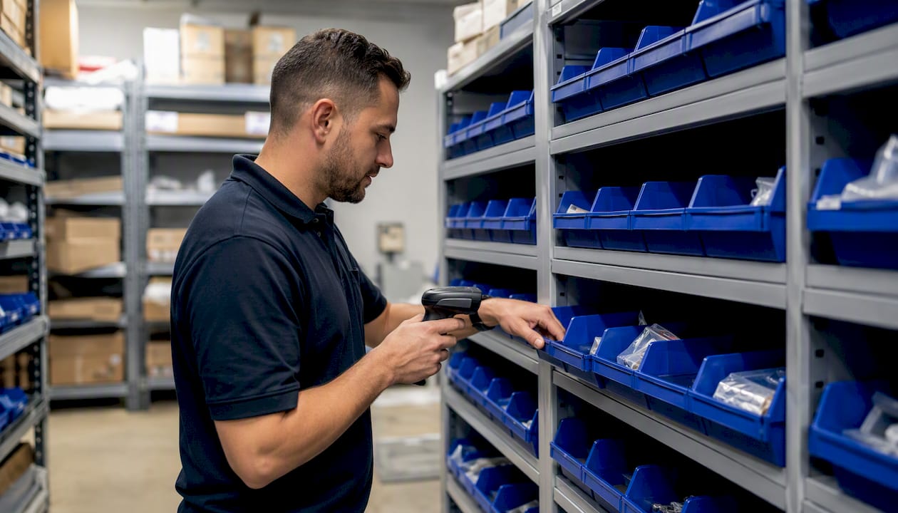 Technician scanning parts in storeroom