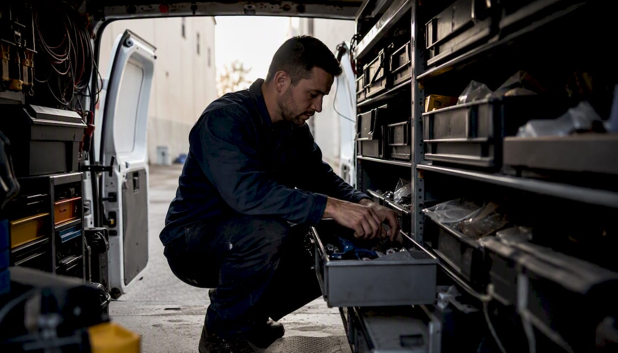 Technician organizing van parts inventory