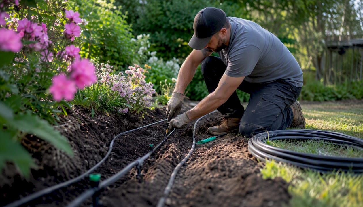 Contractor installing irrigation at landscaping milestone