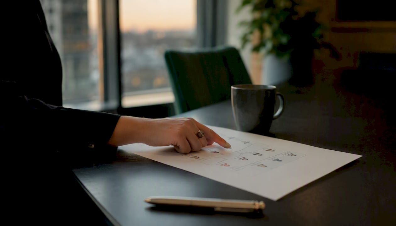 Printed multi-user access plan on table with hand pointing