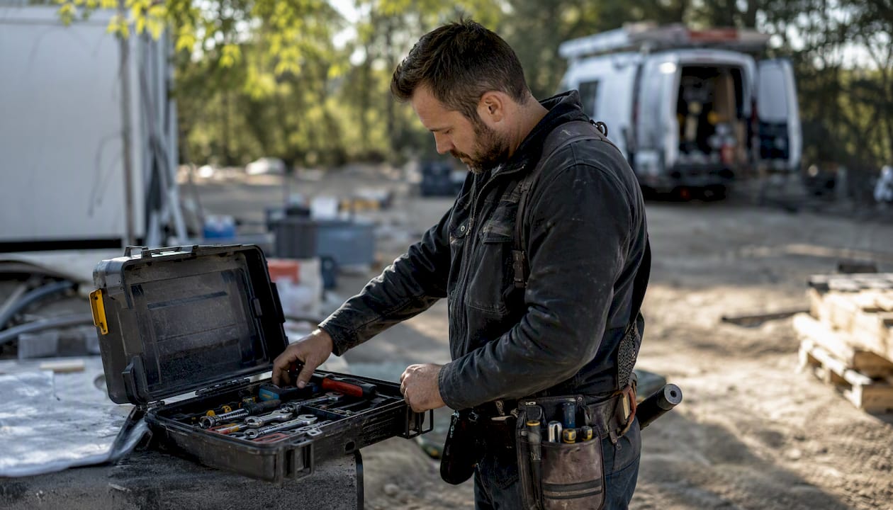 Field technician checking tools outdoors