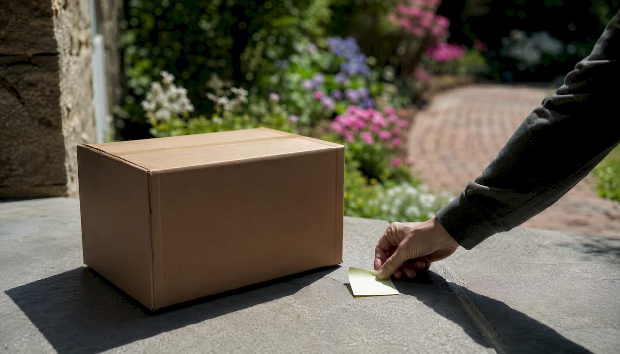 Hand placing a pause note on subscription delivery box