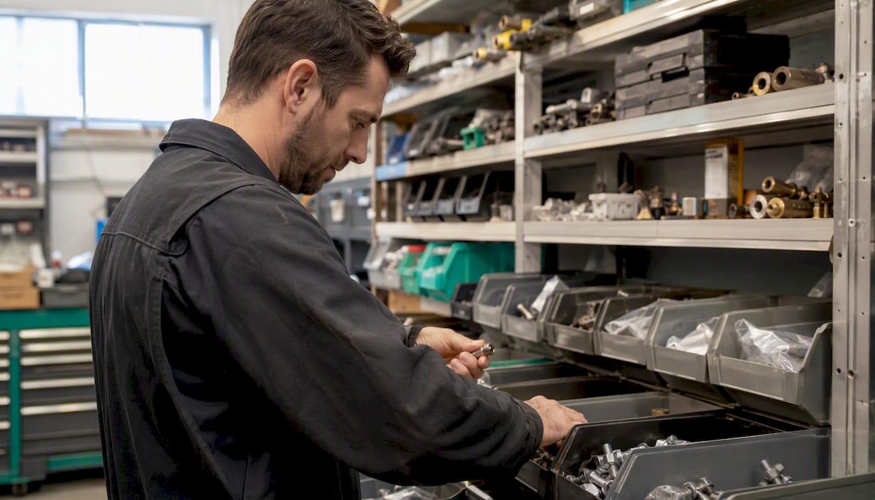 Technician organizing spare parts for repair
