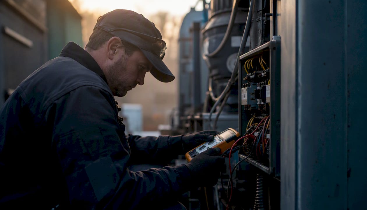 Technician manually testing industrial equipment