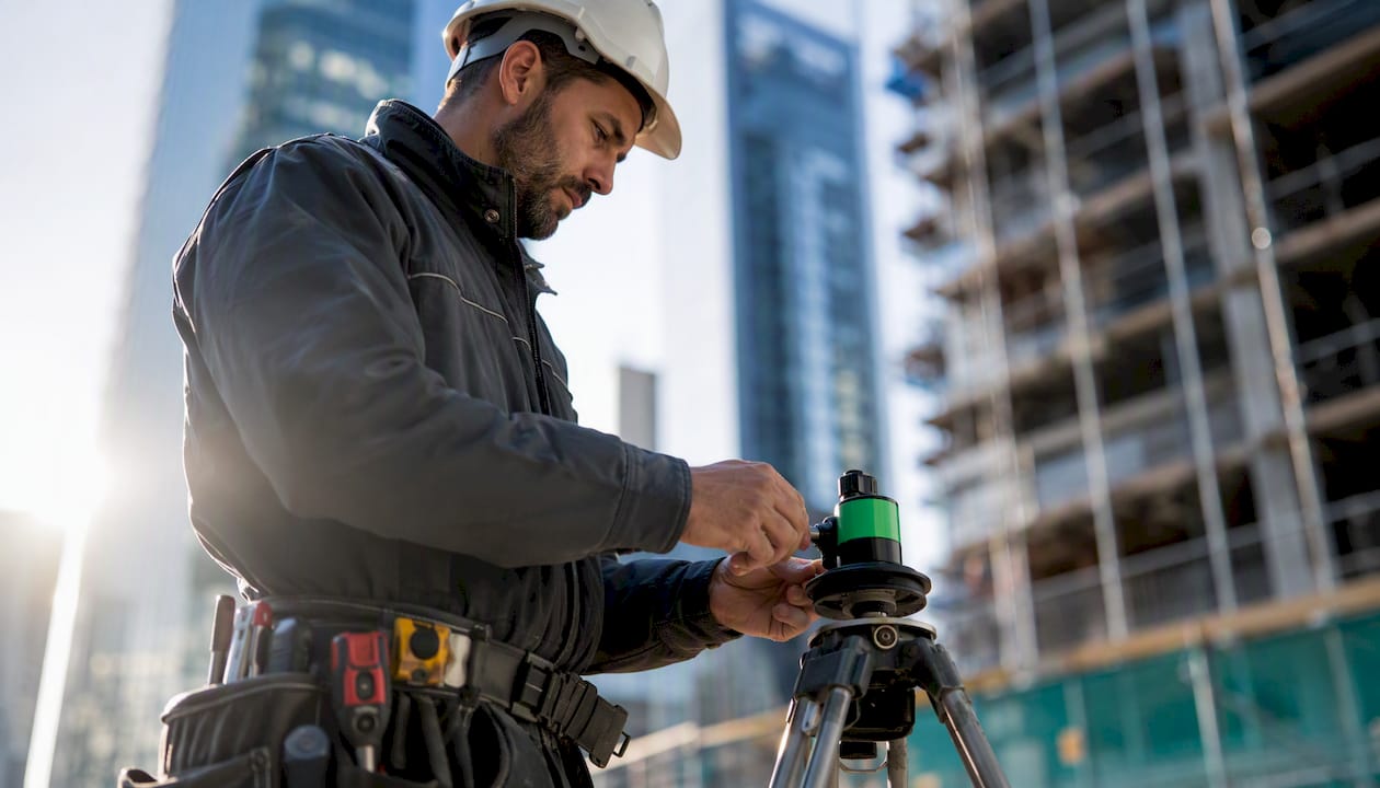Technician adjusting field tools outdoors