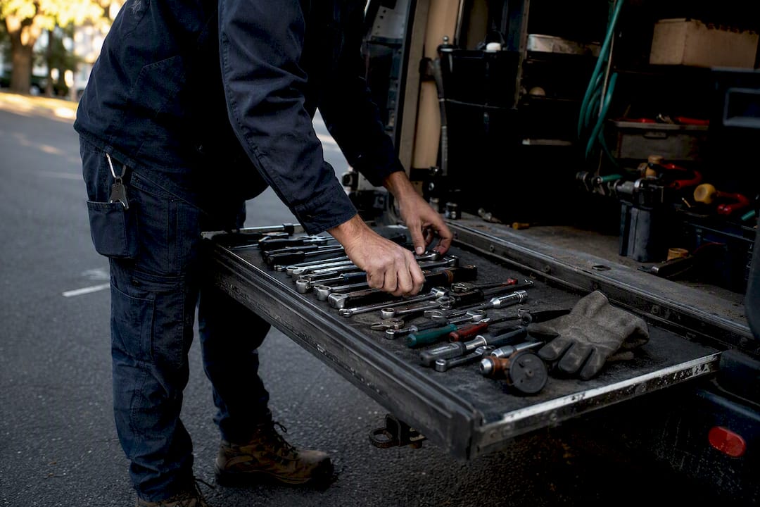 Technician organizing tools during incident triage