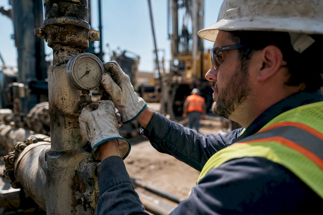 Field technician adjusting pressure gauge outdoors