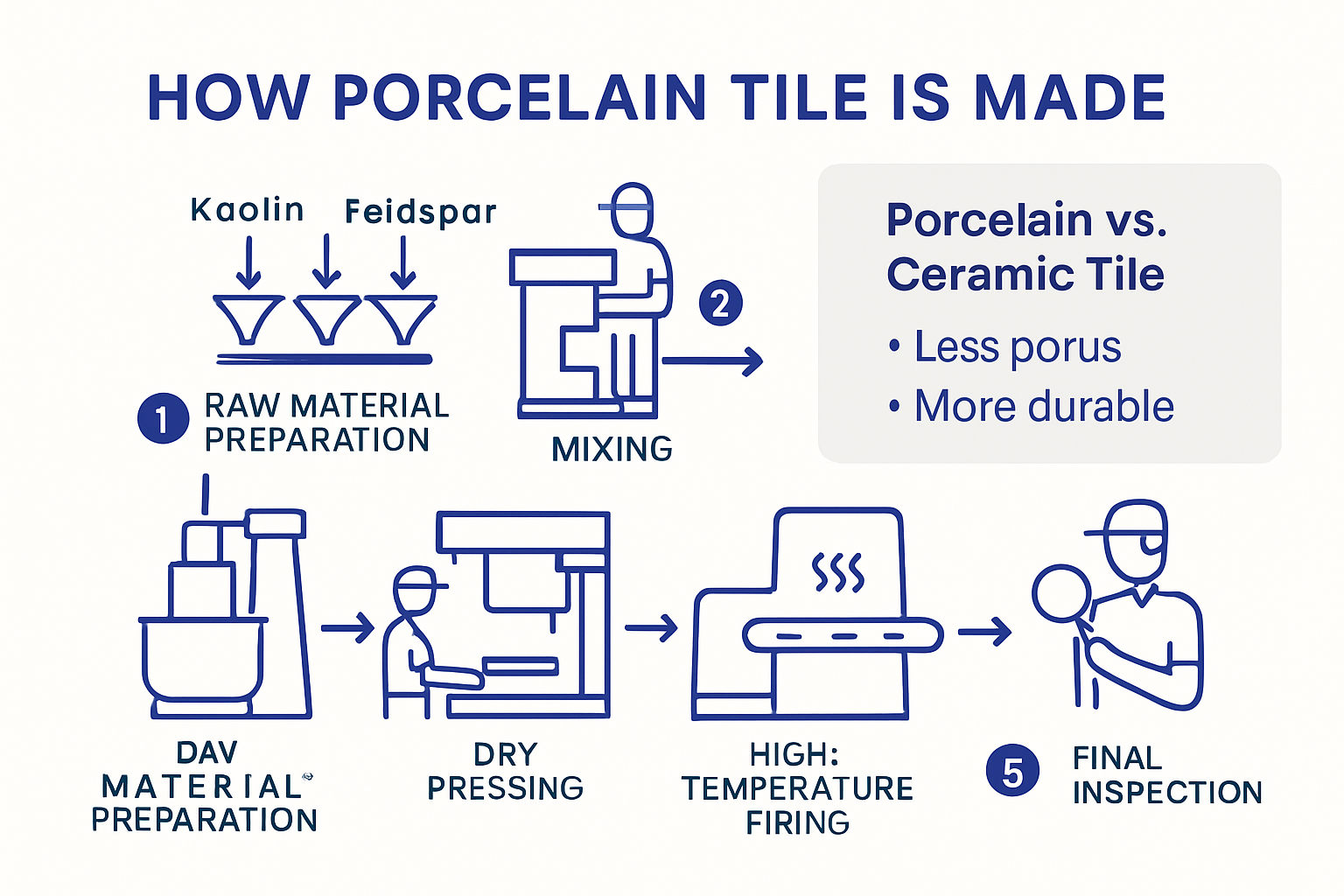 Porcelain tile manufacturing process infographic with stages and icons