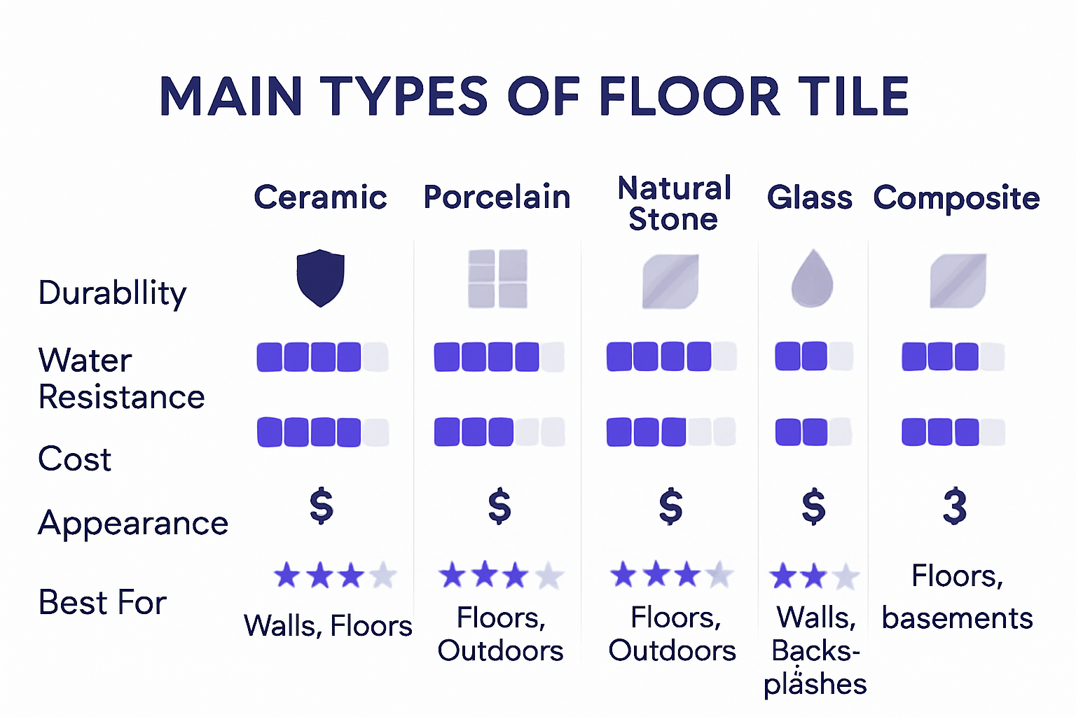Infographic comparing floor tile materials and benefits