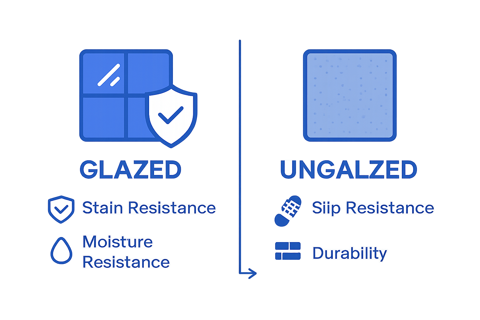 Glazed versus unglazed tile comparison illustration