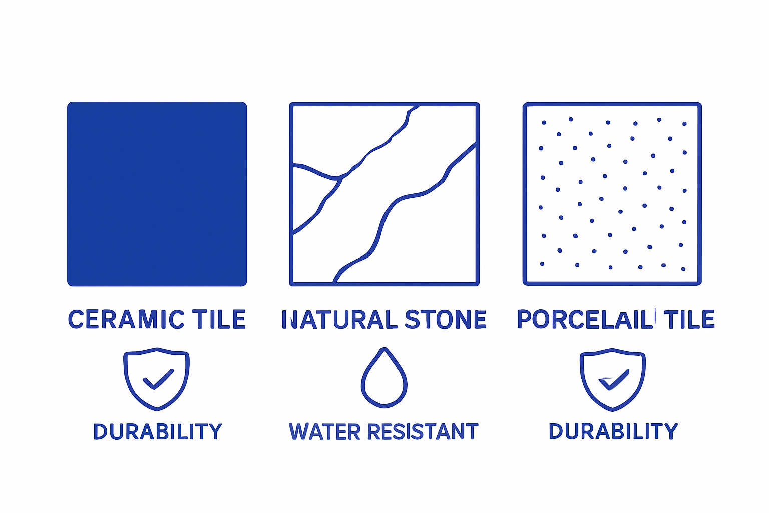 Infographic comparing ceramic, porcelain, and stone field tiles