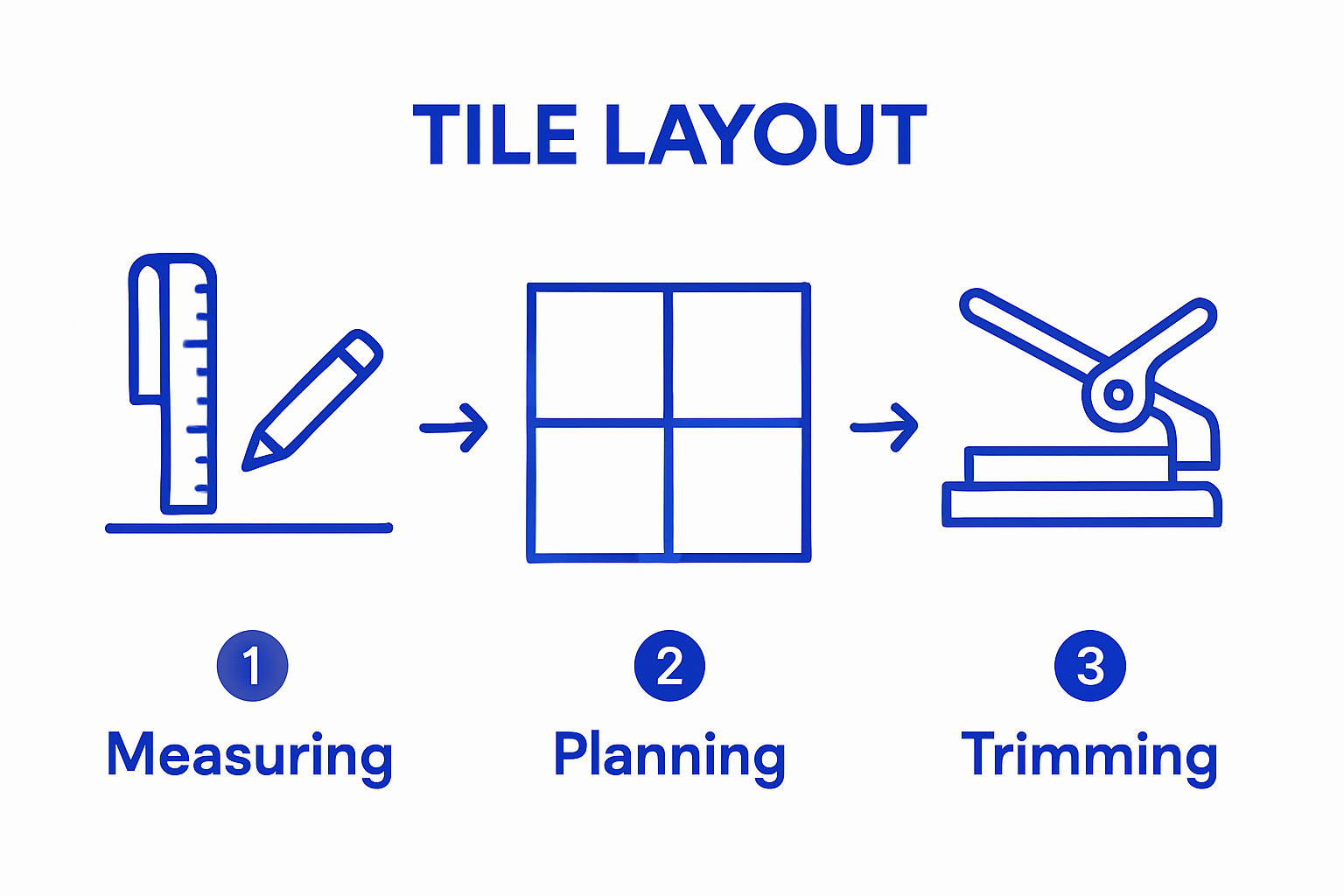 Infographic of measuring, dry layout, and cutting tiles