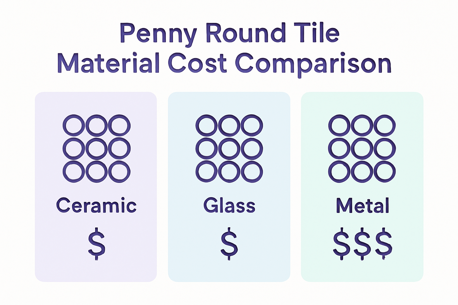 Infographic comparing cost of ceramic, glass, and metal penny round tiles