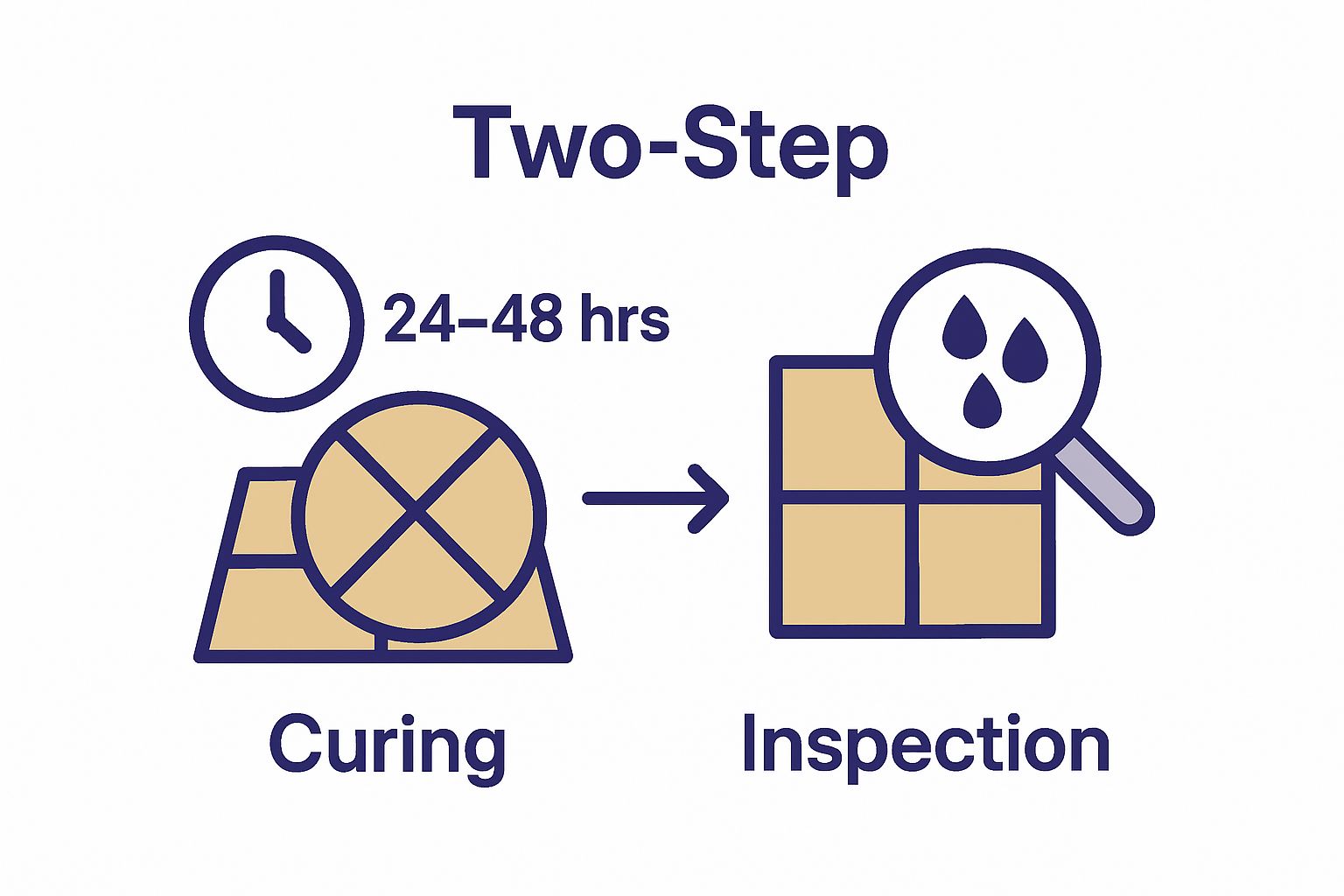 Infographic showing two-step tile floor curing and inspection process