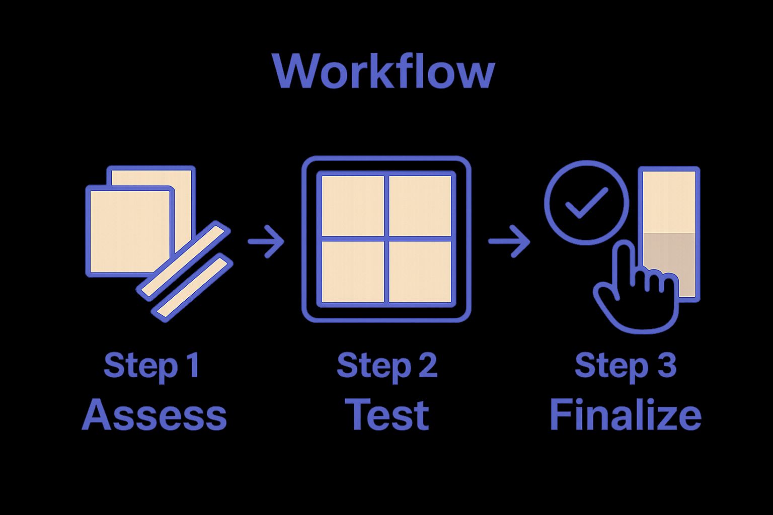 Infographic showing three steps: assess tile and grout, test samples, finalize grout color.
