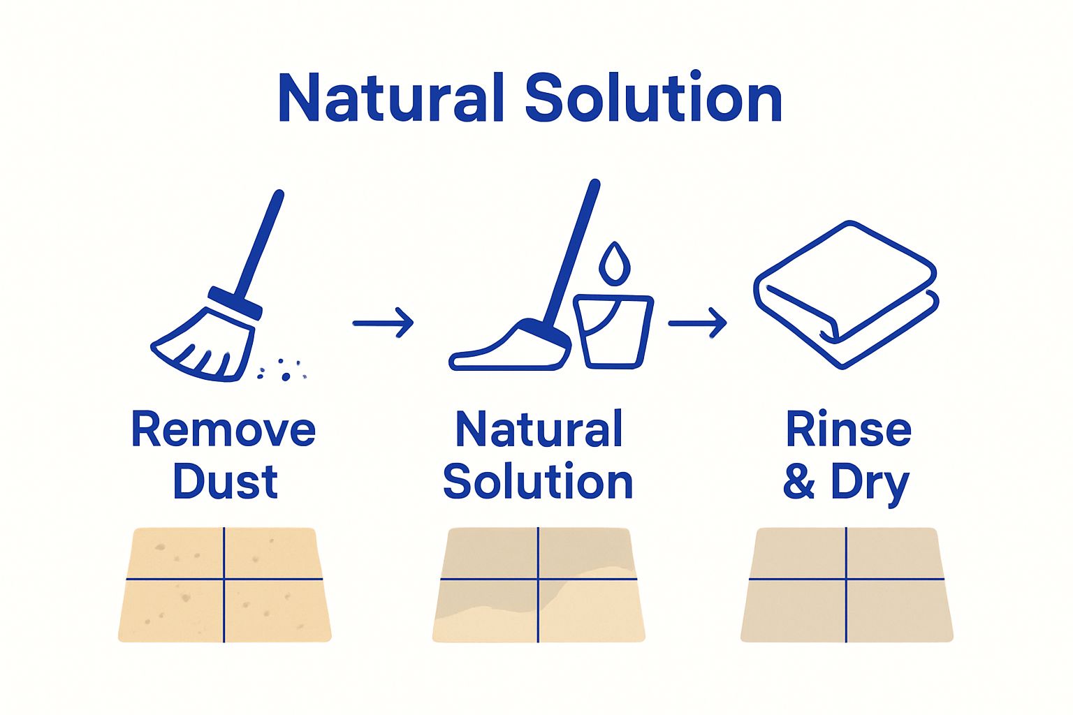 Infographic showing 3-step natural tile floor cleaning process: sweep, mop, rinse & dry