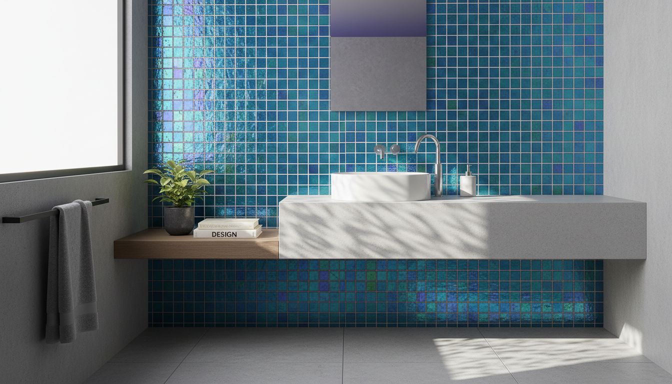 Sunlit bathroom wall of blue glass tiles