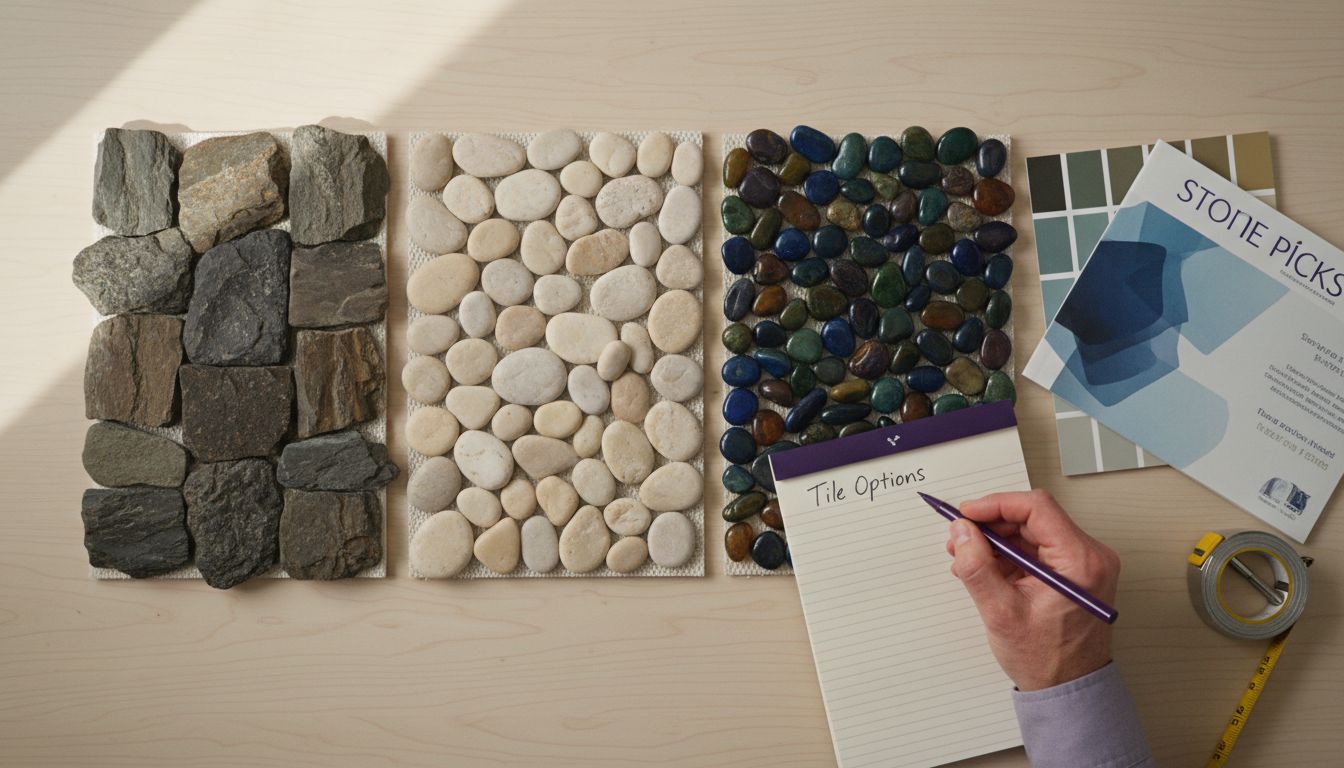 Pebble tile samples with river rock and beach stones