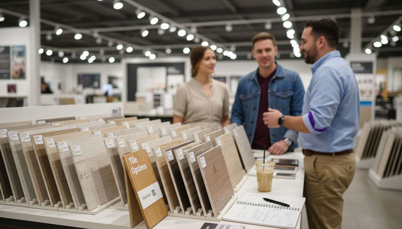 Wood-look tile samples in various shades