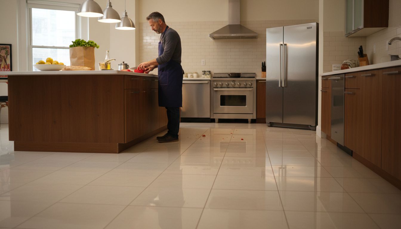 Urban kitchen with high gloss tile flooring