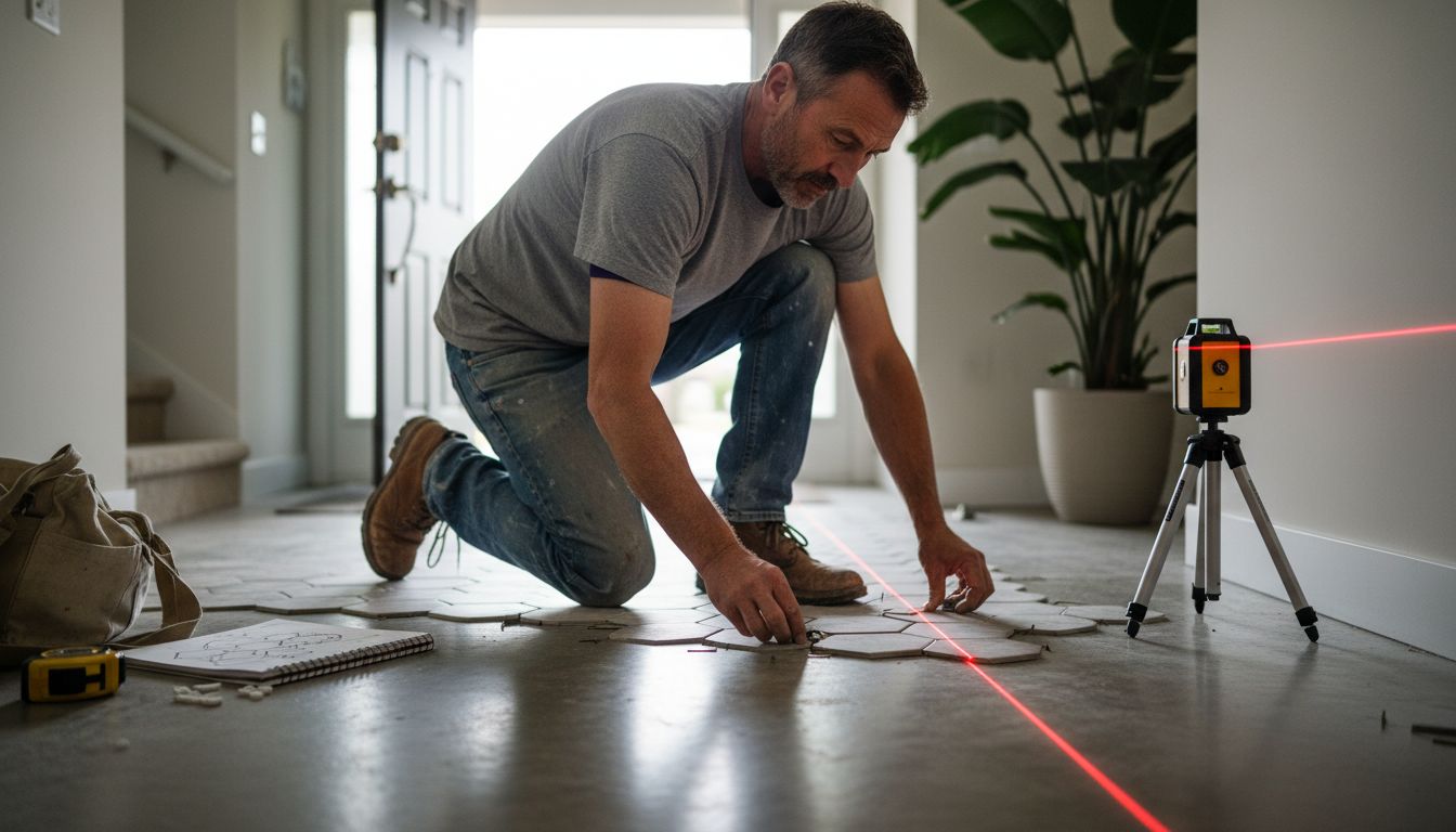 Contractor aligning hallway tile sheets