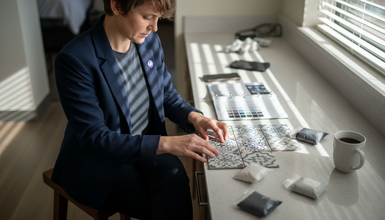 Designer arranging hotel backsplash tile samples