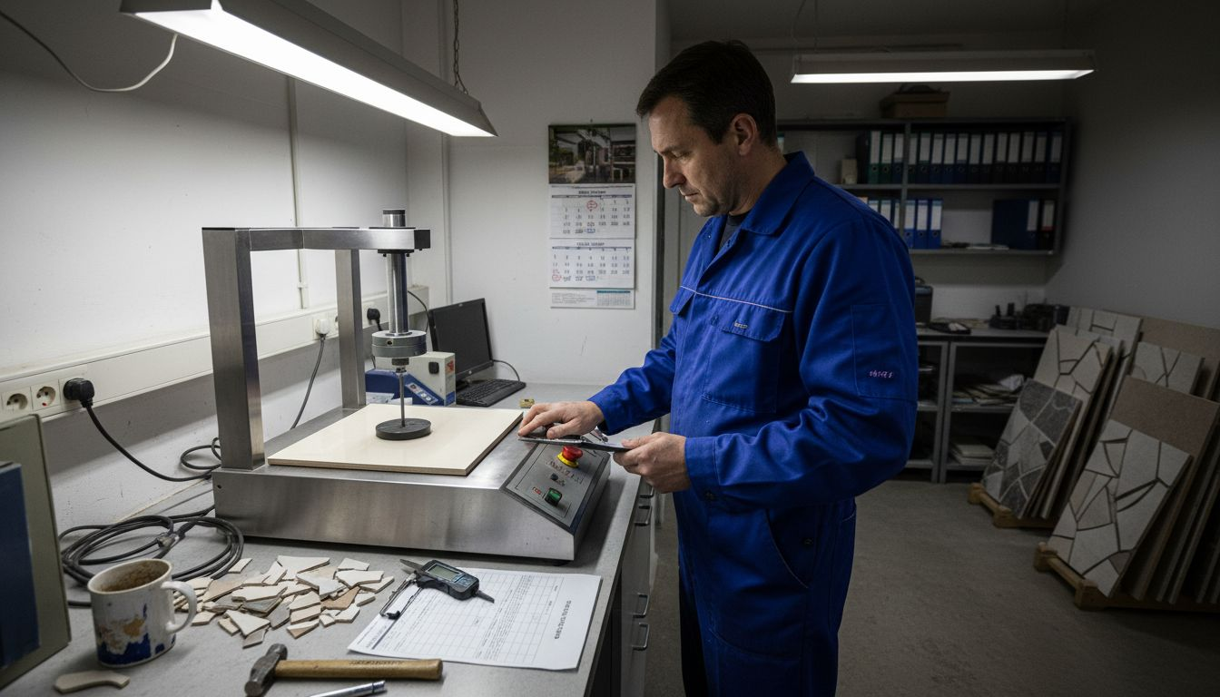 Lab technician testing porcelain tile strength