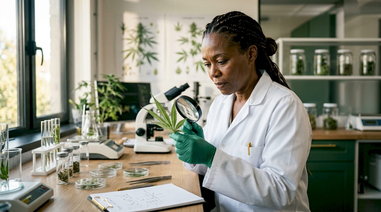 Horticulturist measuring cannabis plants in greenhouse