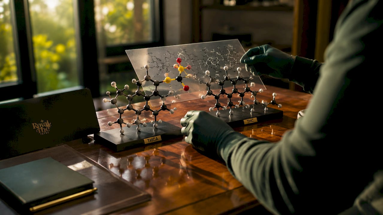 Close-up of THCA and THC molecular models with gloves
