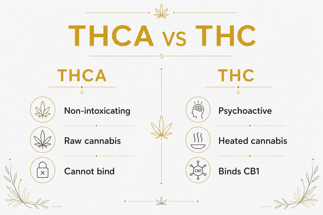 Infographic comparing key differences between THCA and THC
