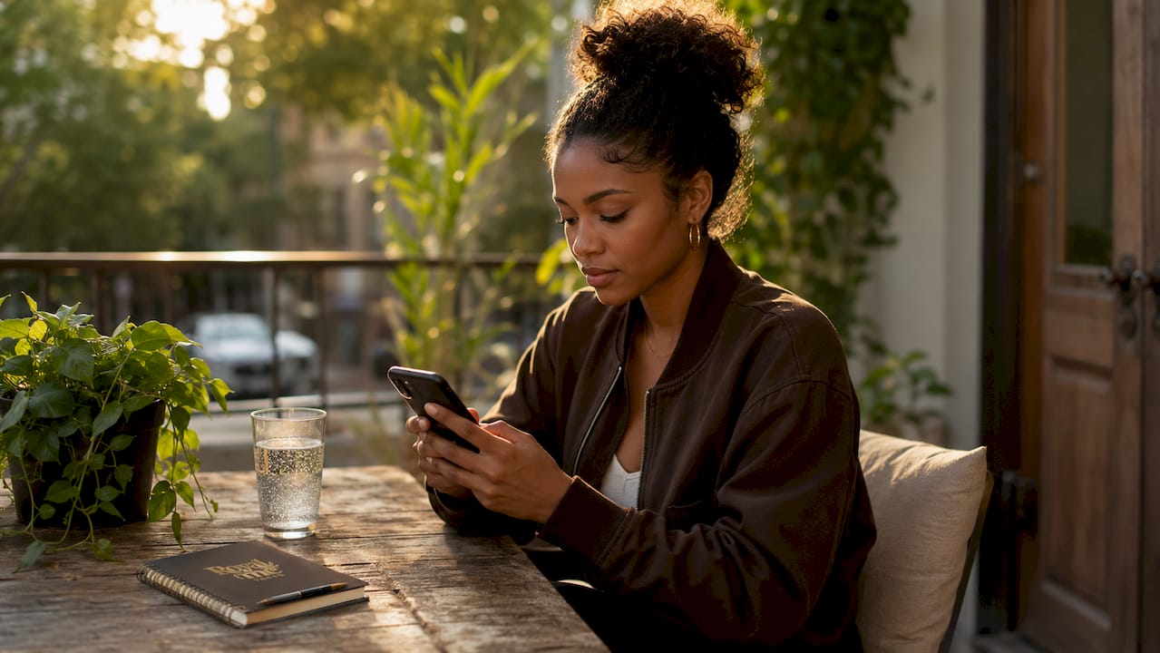 Young woman using phone for age verification