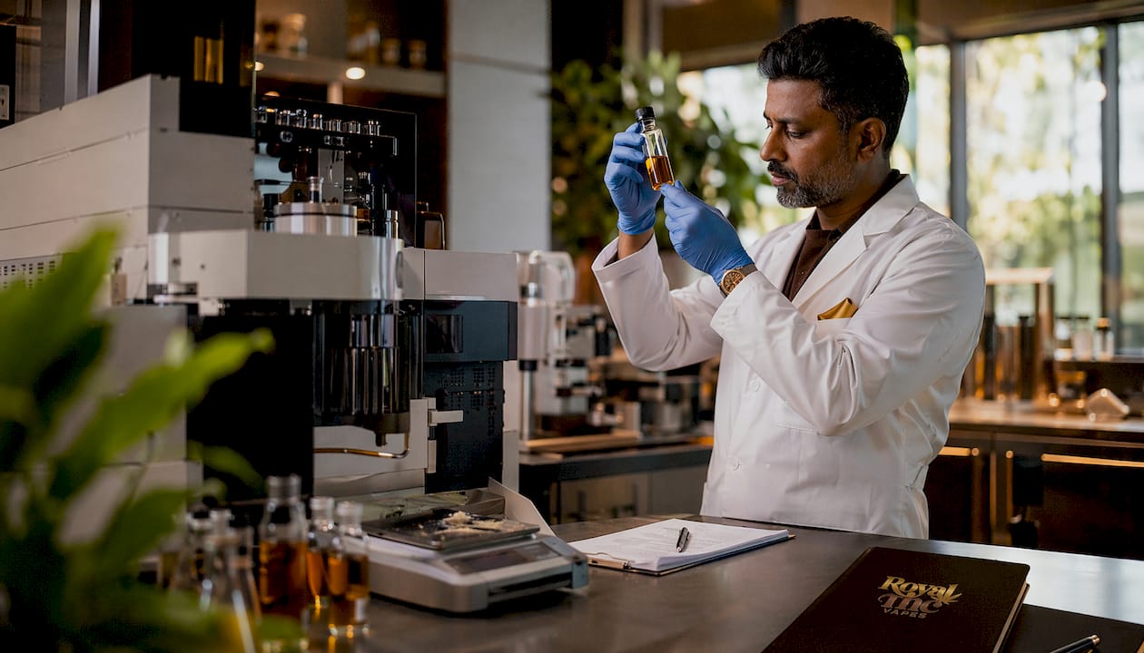 Technician analyzing cannabis terpene sample in lab