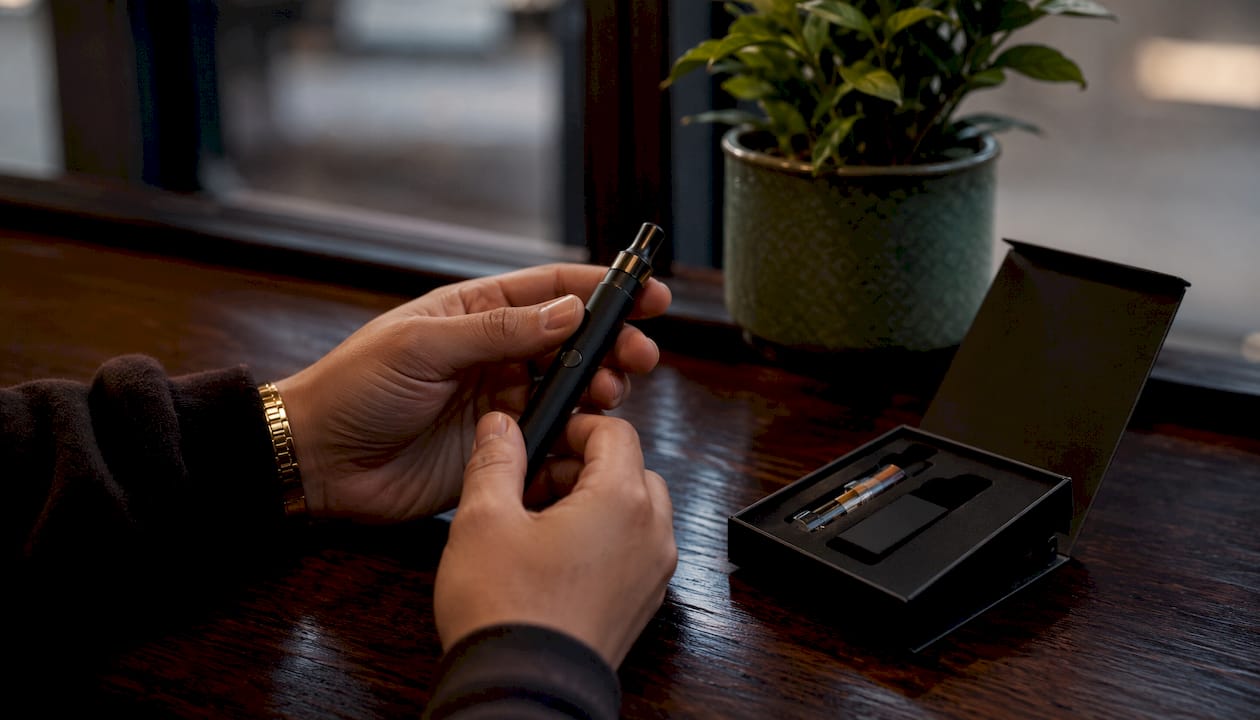Close-up of compliant 510 vape battery and charger