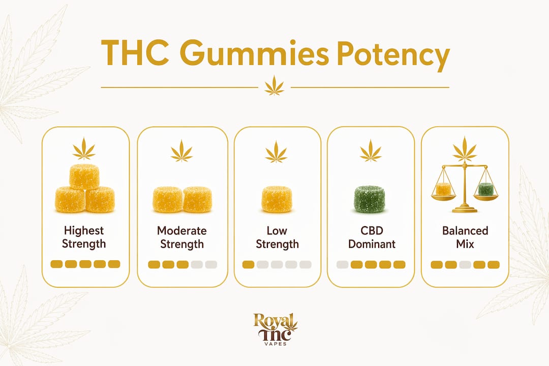 Infographic showing THC gummies potency hierarchy and types