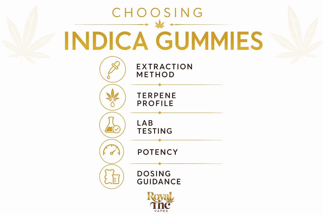Infographic showing steps to choose indica gummies