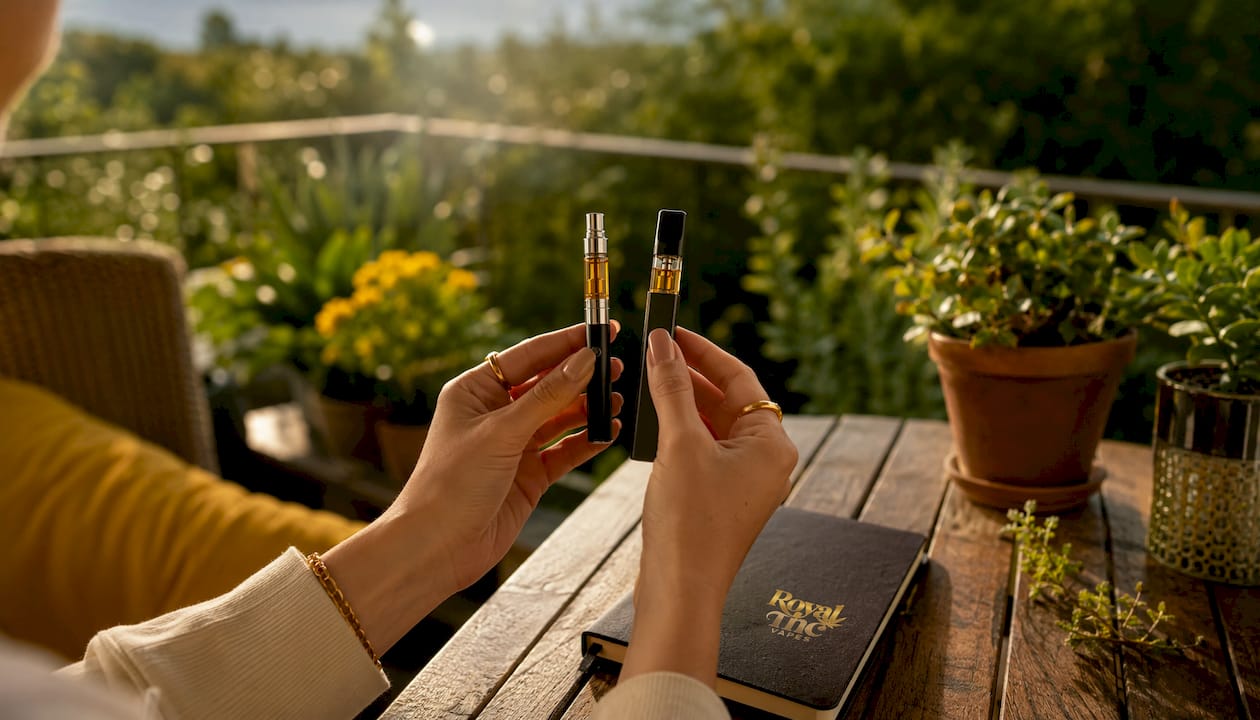 Hands comparing two vape cartridges above desk
