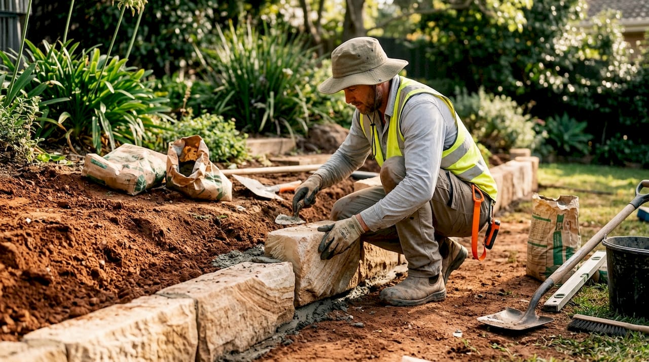 Construction worker building garden retaining wall
