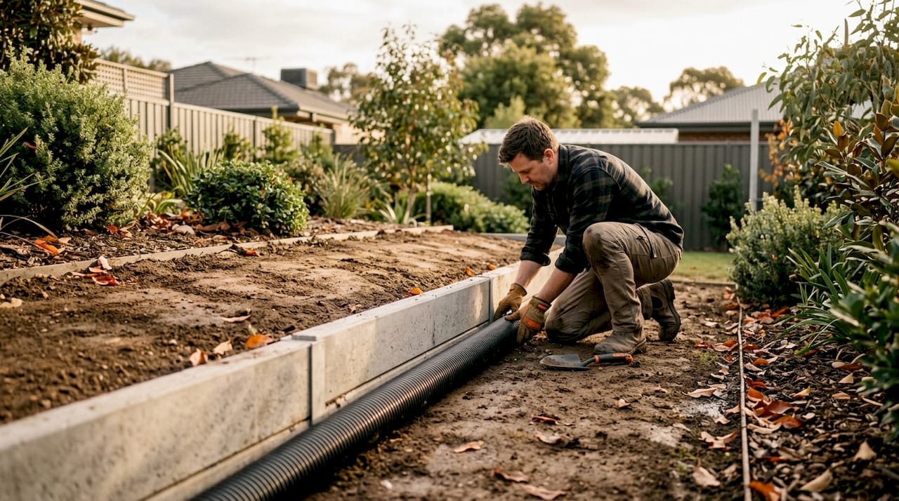 Hands managing drainage near retaining wall