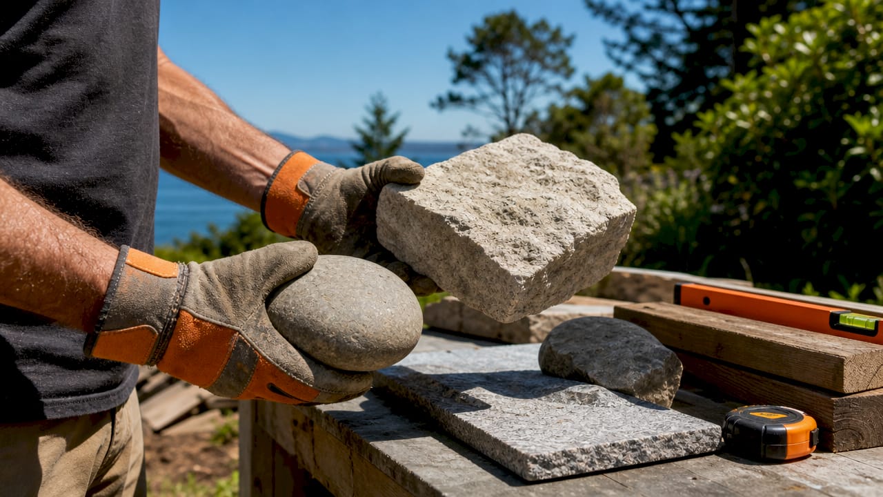 Hands comparing rock wall materials on workbench