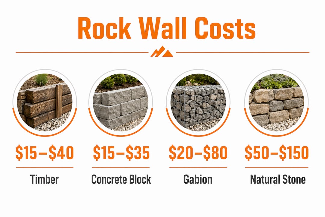 Infographic showing rock wall material costs and lifespan