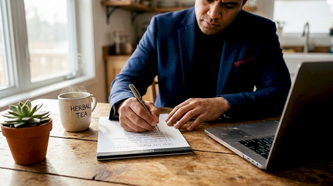 Close-up hands completing SEO migration checklist