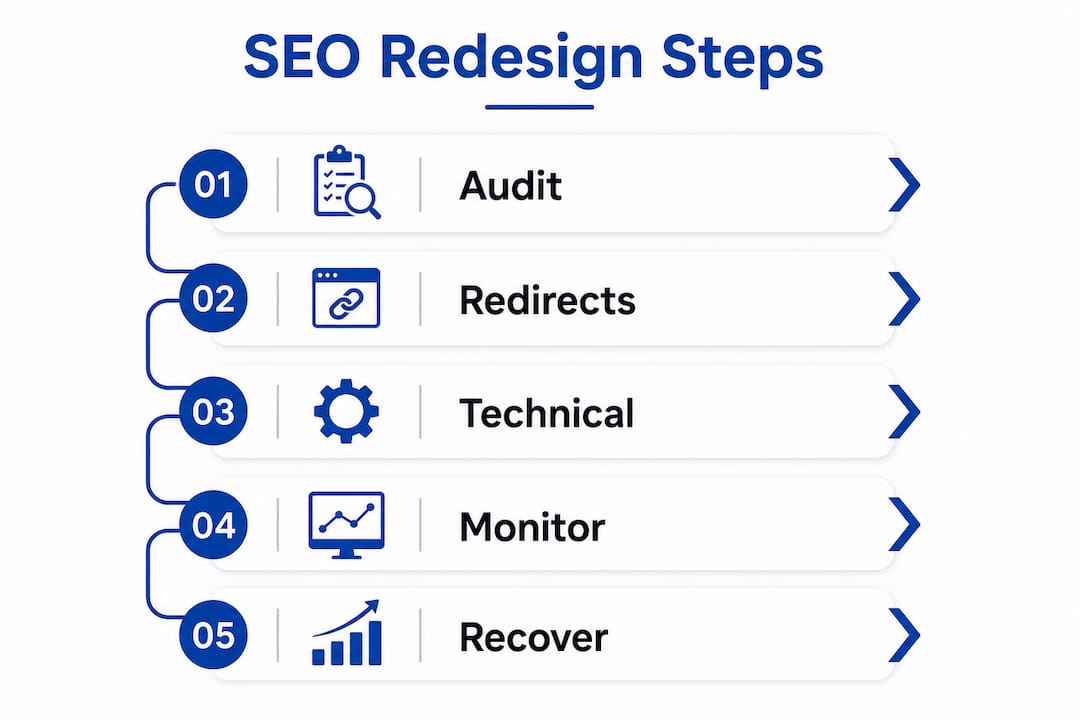 Infographic illustrating SEO redesign process steps